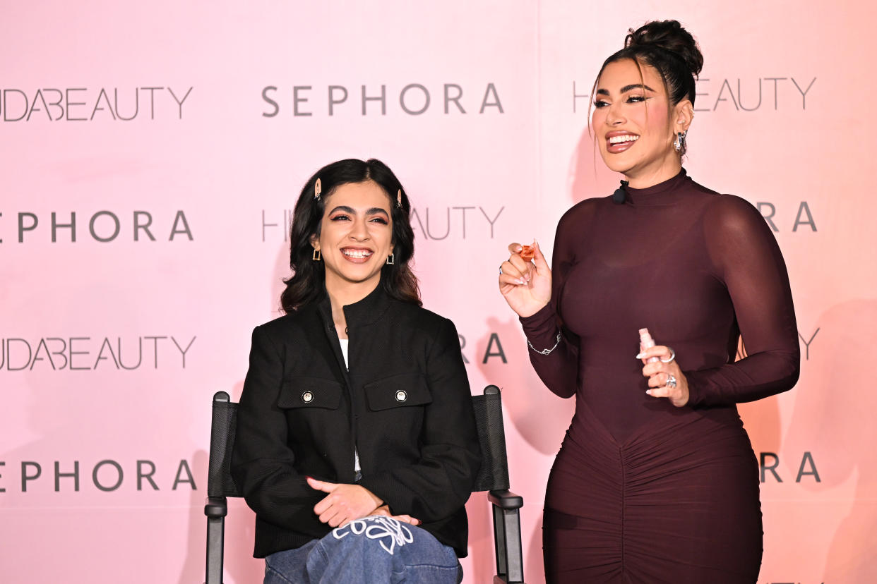 RIYADH, SAUDI ARABIA - JANUARY 16: (L-R) Daim Gaw Huda Kattan attend the Sephora x Huda Beauty – Pink vs Peach KSA at Sidra Arts on January 16, 2024 in Riyadh, Saudi Arabia. (Photo by Cedric Ribeiro/Getty Images for  Huda Beauty)