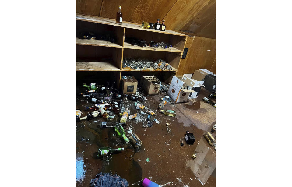 This photo provided by Plumas Pines Resort and Bar shows a portion of the damage done to Plumas Pines Resort & Bar in Almanor, Calif., following a 5.5 earthquake in Lake Almanor at around 4:20 p.m. on Thursday, May 11, 2023. (Plumas Pines Resort and Bar via AP)