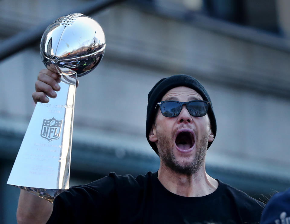 Tom Brady celebrates with the Lombardi Trophy, again. (Getty Images)