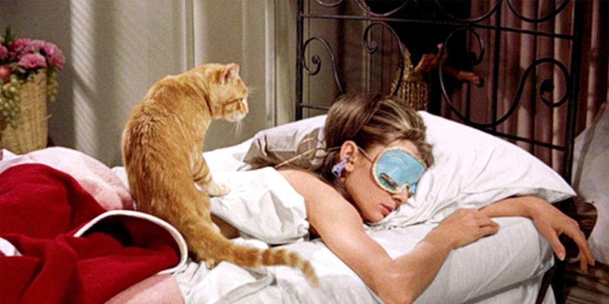 new york   october 5 the movie breakfast at tiffanys, directed by blake edwards and based on the novel by truman capote seen here, audrey hepburn as holly golightly and cat initial theatrical release october 5, 1961 screen capture paramount pictures photo by cbs via getty images