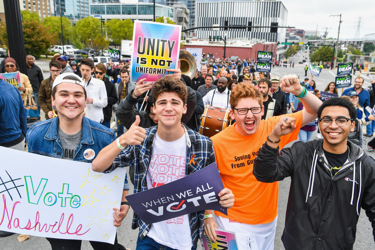 <span class="s1">Brendan Duff, Daniel Duff, Matt Deitsch and Ramon Contreras of March for Our Lives during Party at the Polls on Oct. 20 in Nashville, Tenn. (Photo: Erika Goldring/WME IMG/Getty Images for WME )</span>)