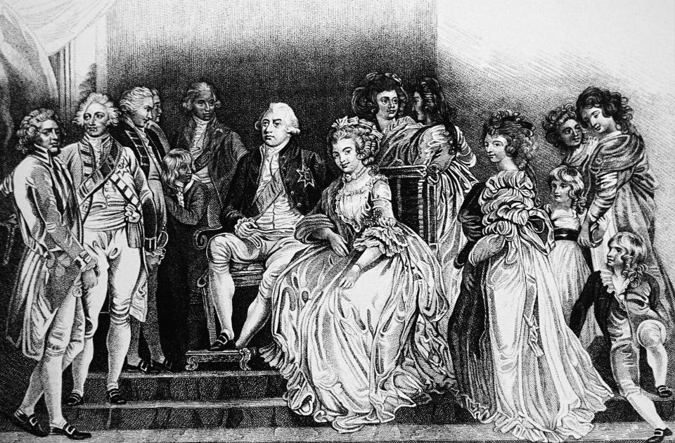 Illustration depicting King George III (1738-1829) with his Consort Charlotte Sophia (1744-1818) and their family, including King George VI (1762-1830). Dated 19th Century. (Photo by: Universal History Archive/Universal Images Group via Getty Images)