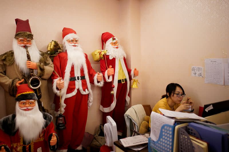 Christmas products are seen in a Christmas shop at Yiwu Wholesale Market