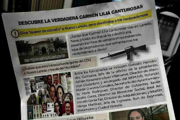 Folleto en contra de Carmen Lilia Canturosas Villarreal, candidata de Morena a la alcaldía de Nuevo Laredo