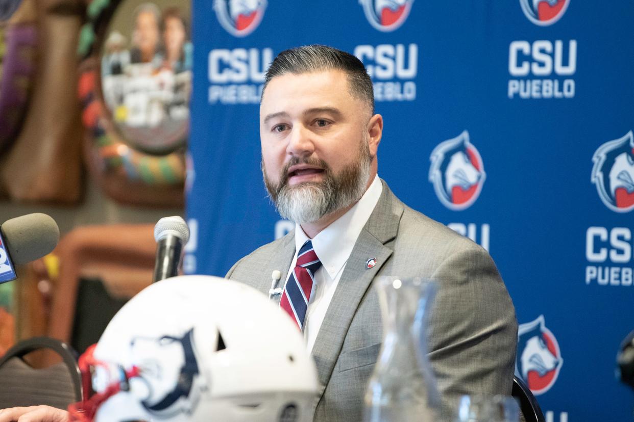 Colorado State University Pueblo head football coach Philip Vigil addresses a crowd at an introductory press conference on Tuesday.