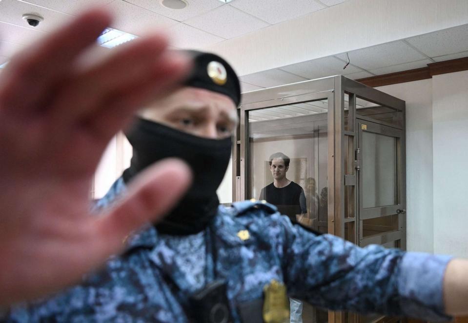 PHOTO: US journalist Evan Gershkovich stands inside a defendants' cage before a hearing to consider an appeal on his extended detention at The Moscow City Court in Moscow on June 22, 2023. (Natalia Kolesnikova/AFP via Getty Images)