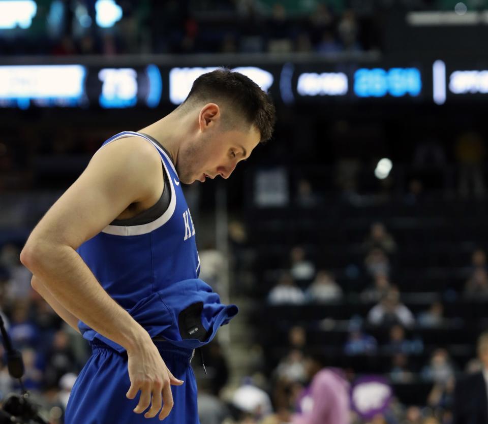 Kentucky’s CJ Fredrick walks off the court after their loss against Kansas State in the second round of the NCAA Tournament.March 19, 2023