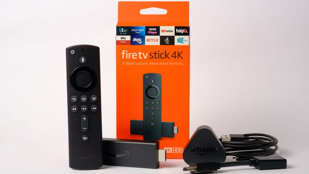  Contents of Amazon Fire TV Stick box, including remote, Fire Stick, plug and cables. 