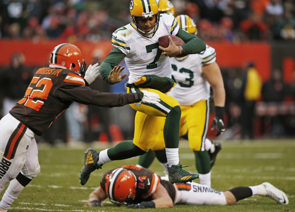Green Bay Packers quarterback Brett Hundley threw three touchdown passes to win his second straight start. (AP)