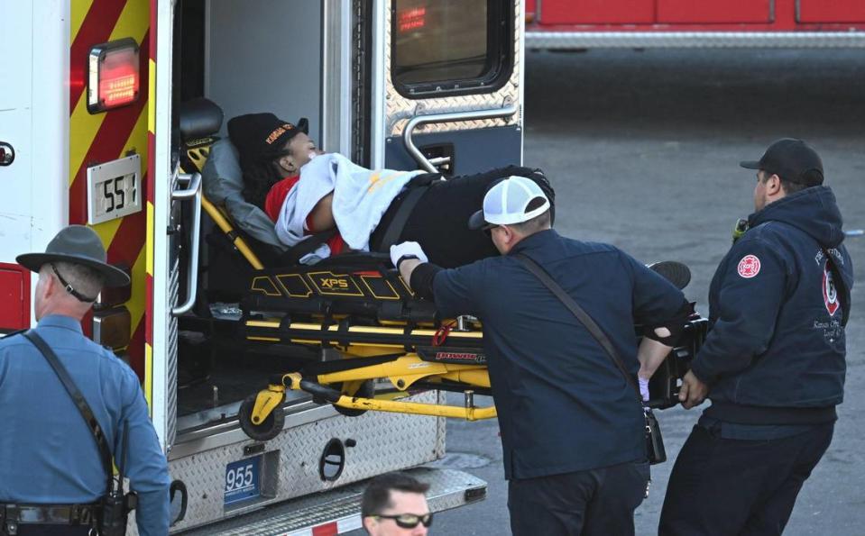 Medical personnel load a woman into an ambulance after a shooting at Union Station after the Kansas City Chiefs Super Bowl LVIII victory parade on Wednesday, Feb. 14, 2024, in Kansas City. Nick Wagner/nwagner@kcstar.com