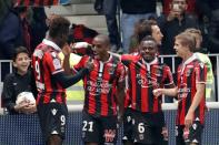 Football Soccer - Nice v Paris St Germain - French Ligue 1 - Allianz Riviera Stadium, Nice, France, 30/04/2017. Nice's goal scorers Mario Balotelli (L) and Ricardo Pereira (2ndL) celebrate after second goal with team mates. REUTERS/Eric Gaillard