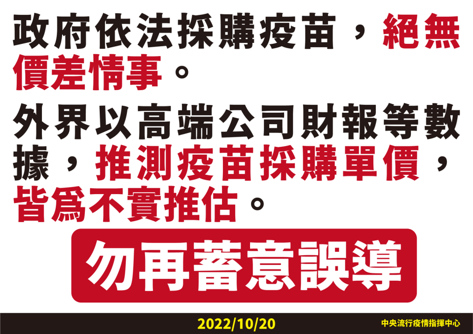 指揮中心再次聲明，高端疫苗採購有價差為不實推估。   圖：中央流行疫情指揮中心／提供