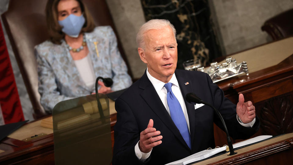 U.S. President Joe Biden addresses a joint session of Congress at the U.S. Capitol in Washington, DC, U.S. April 28, 2021. (Chip Somodevilla/Pool via Reuters)