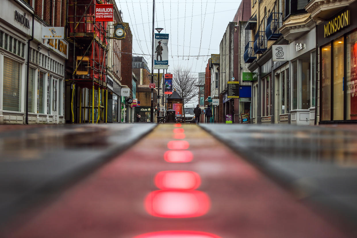 General view of an empty Worthing town centre, Sussex, as the UK continues in a third lockdown due to the coronavirus pandemic. Picture date: Tuesday February 23, 2021.