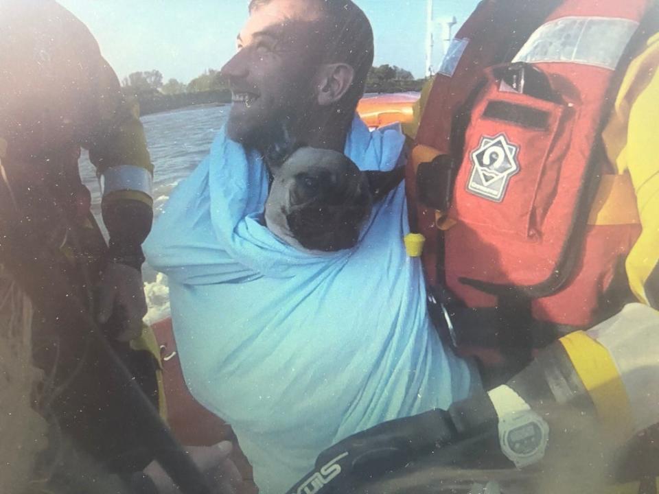 16 people, two dogs, and a rabbit were rescued by RNLI lifeboats, the Hemsby Lifeboat, and a Coastguard helicopter at Breydon Water, Norfolk on Sunday April 24 after being stranded over night. (credit: Great Yarmouth & Gorleston RNLI)