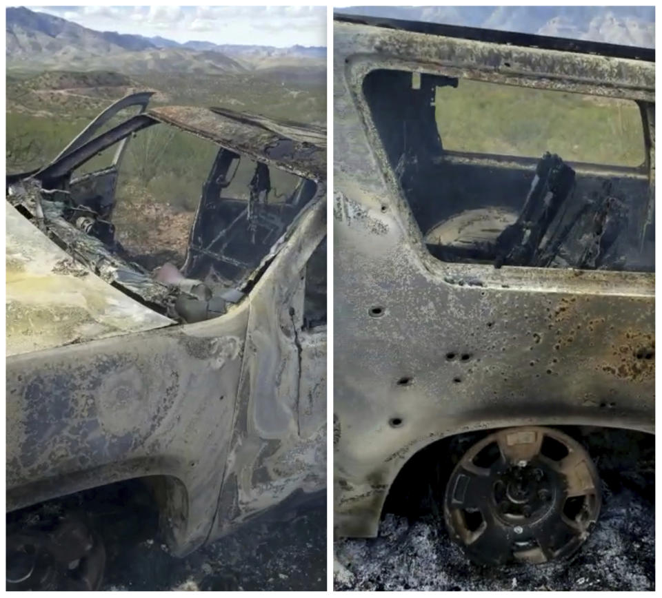 This combination of frames from Nov. 4, 2019, video by Kenny Miller and posted on the Twitter account of Alex LeBaron shows two views of a burned-out vehicle that was being used by some members of the LeBaron family as they were driving in a convoy near the Sonora-Chihuahua border in Mexico. Mexican authorities say drug cartel gunmen ambushed multiple vehicles, including this one, slaughtering several women and children. (Kenny Miller/Courtesy of Alex LeBaron via AP)