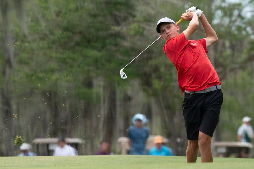 Mykhalo Golod (UKR) hits an approach shot on the 18th hole during the final round of the Terra Cotta Invitational amateur golf tournament, Sunday, May 1, 2022, at Naples National Golf Club in Naples, Fla.Caleb Surratt (USA) won the event in consecutive years with a score of 14 under par.