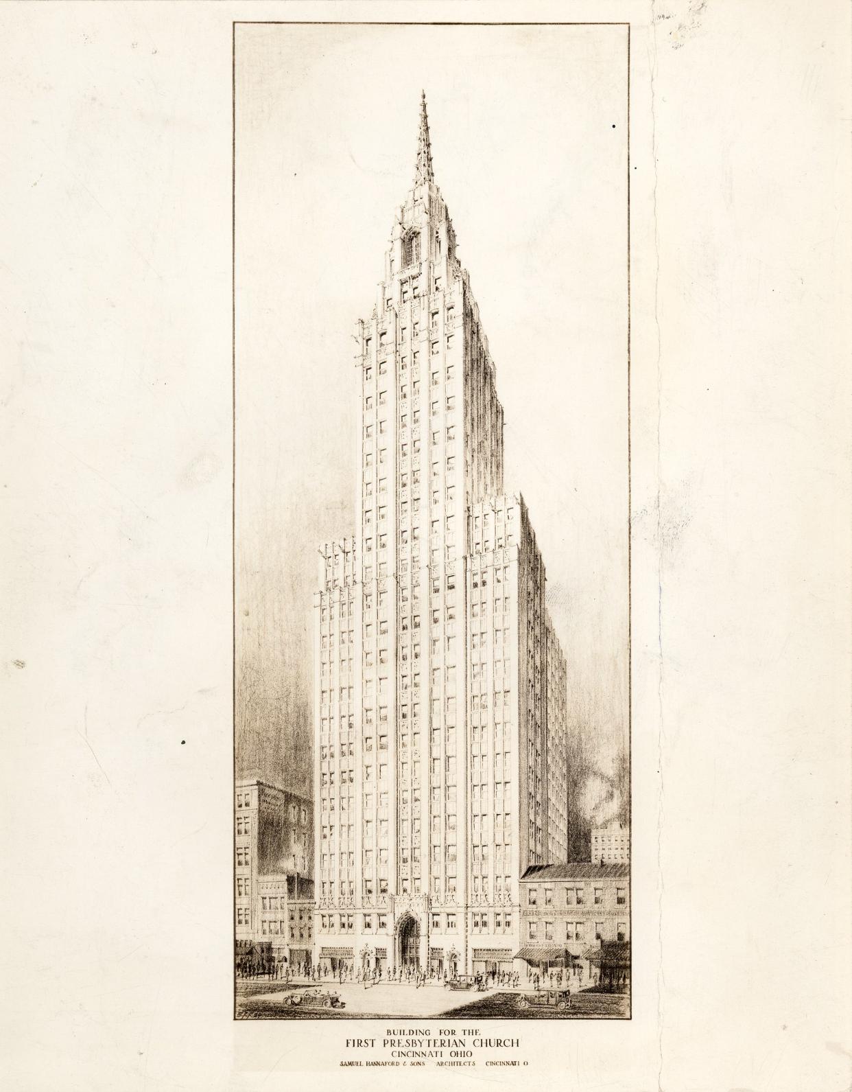 A sketch of Temple Tower, a proposed skyscraper to replace the First Presbyterian Church on Fourth Street. The design was by the firm Samuel Hannaford & Sons, and was planned in 1929 but was never built.