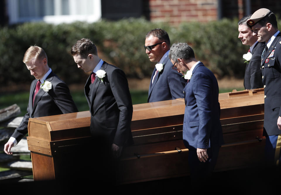 <p>The casket of The Rev. Billy Graham is moved during a funeral service at the Billy Graham Library for the Rev. Billy Graham, who died last week at age 99, Friday, March 2, 2018, in Charlotte, N.C. (Photo: John Bazemore/AP) </p>