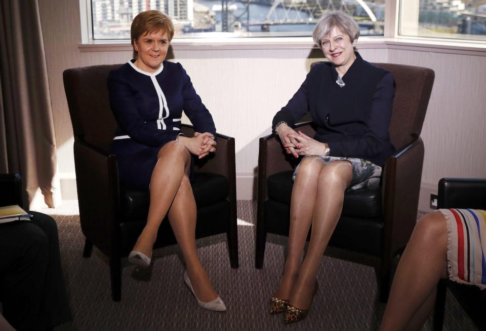 Theresa May wore a pair of her favourite leopard print shoes for a meeting with Nicola Sturgeon [Photo: Getty]