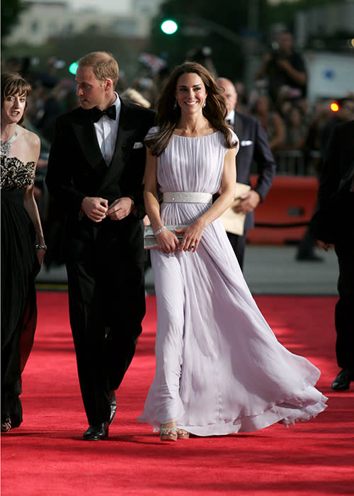 It's nearly BAFTA time again so get ready for all those show-stopping gowns, dazzling jewels and high heel heaven. The red carpet is all about A-listers' outfit choices, but don't forget some of our favourite royals often attend too, giving us a double hit of glamour. The Duchess of Cambridge has graced the BAFTAs twice over the years, in 2017 and 2018, as well as popping into the BAFTA Brits to Watch event way back in 2011. All of her outfits have been stunning, so as 2019 ceremony draws near, we decided to relive Kate's past BAFTA looks – the designer dresses, jewellery, shoes and bags. Enjoy! The Duchess wore this breath-taking black patterned off-the-shoulder gown by Alexander McQueen to the 2017 BAFTAs. Didn't she look amazing? The dress featured a Bardot neckline, bodice and full-length skirt with stylish ribbon detailing.