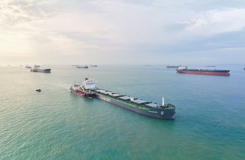 A drone image shows the Kira Oldendorff during biofuels bunkering conducted by BHP, GoodFuels and with support from the Maritime and Port Authority of Singapore (MPA) in Singapore