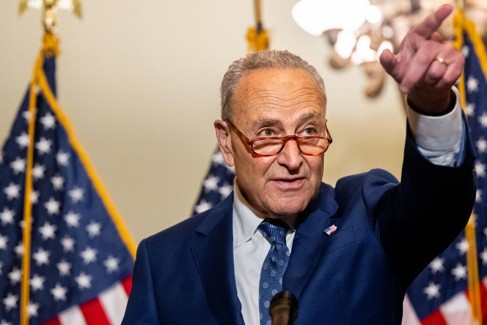 WASHINGTON, DC - JUNE 22: Sen. Majority Leader Chuck Schumer (D-NY) answers questions from reporters during a news conference after the Senate luncheons in the U.S. Capitol on June 22, 2022 in Washington, DC. (Photo by Brandon Bell/Getty Images)