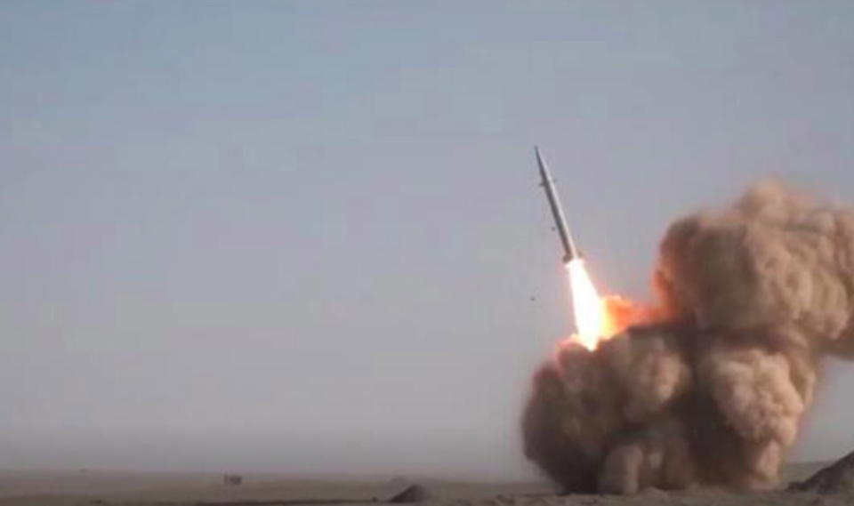 A screen grab taken from a handout video made available by Iranian state television's English-language service Press TV shows Iran's Islamic Revolutionary Guard Corps (IRGC) launching the new Raad-500 short-range ballistic missile.