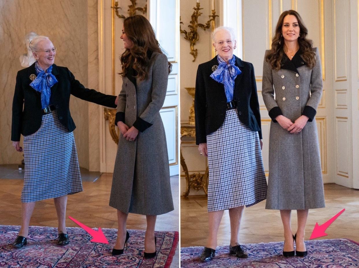 Kate Middleton (R), Queen Margrethe II (C), and Crown Princess Mary of Denmark (L) during an audience at Christian IX's Palace on February 23, 2022 in Copenhagen, Denmark.