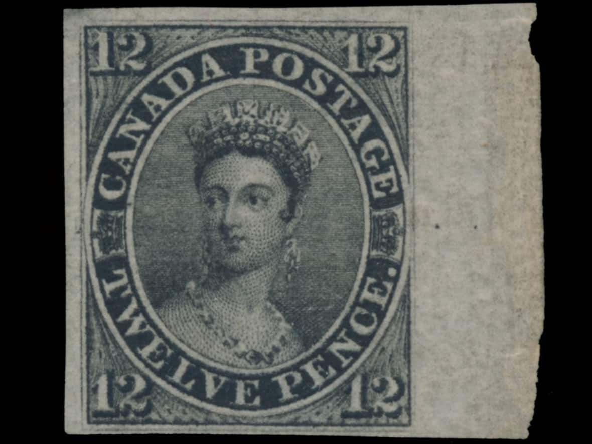 A 12-Penny Black stamp featuring Queen Victoria. Issued in 1851, one of these stamps was auctioned in Ottawa and sold on Jan. 21, 2023, for $292,500 plus tax. (Submitted by Peter MacDonald - image credit)