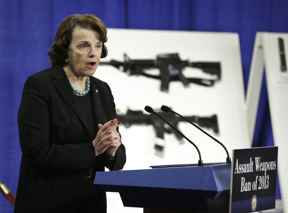 FILE - In this Thursday, Jan. 24, 2013, file photo, Sen. Dianne Feinstein, D-Calif., speaks during a news conference on Capitol Hill in Washington to introduce legislation on assault weapons and high-capacity ammunition feeding devices. U.S. District Judge Roger Benitez of San Diego ruled Friday, June 4, 2021, that the state's definition of illegal military-style rifles unlawfully deprives law-abiding Californians of weapons commonly allowed in most other states. California first restricted assault weapons in 1989, with multiple updates to the law since then. (AP Photo/Manuel Balce Ceneta, File)