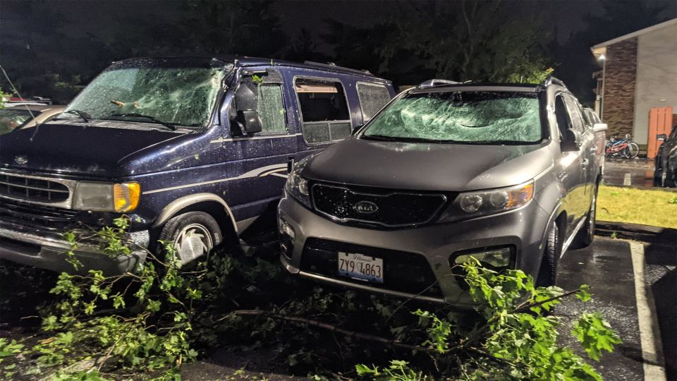 Image: Severely damaged roofs, downed trees and smashed car windscreens in Woodridge, Il. (Twitter / Photofox)