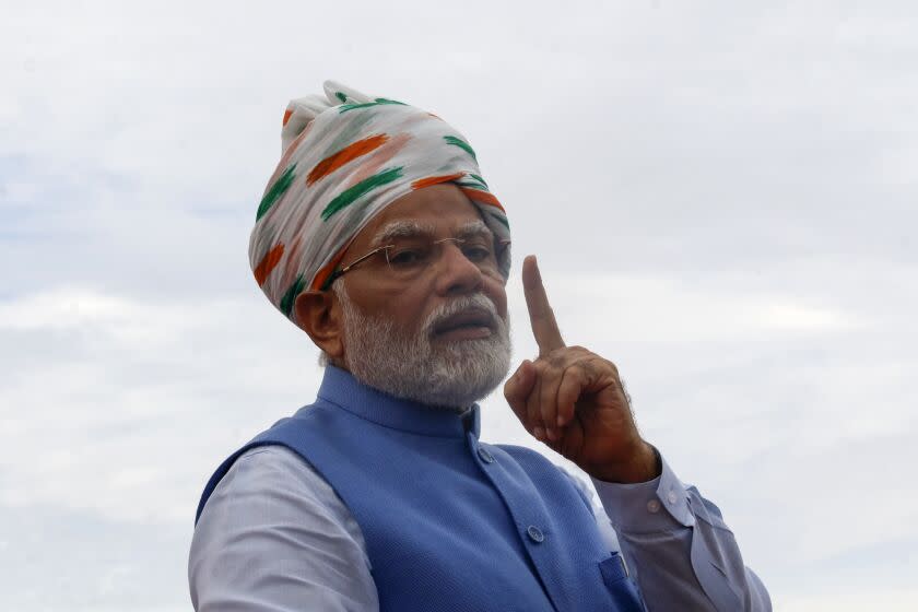 Indian Prime Minister Narendra Modi addresses the nation from 17th-century Mughal-era Red Fort on Independence Day in New Delhi, India, Monday, Aug.15, 2022. The country is marking the 75th anniversary of its independence from British rule. (AP Photo/Pankaj Nangia)