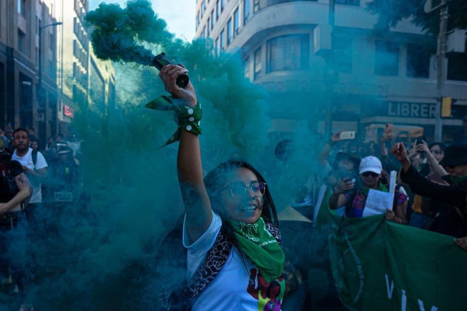 Members of feminist organizations demonstrate in favor of the decriminalization of abortion in Mexico City on Sept. 28, 2023. <a href="https://www.gettyimages.com/detail/news-photo/members-of-feminist-organizations-demonstrate-in-favour-of-news-photo/1696063220?adppopup=true" rel="nofollow noopener" target="_blank" data-ylk="slk:Photo by Silvana Flores/AFP via Getty Images);elm:context_link;itc:0;sec:content-canvas" class="link ">Photo by Silvana Flores/AFP via Getty Images)</a>