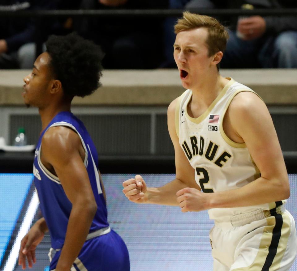 Purdue Boilermakers guard Fletcher Loyer (2) reacts after making a shot during the NCAA men’s basketball game, Wednesday against the New Orleans Privateers, Dec. 21, 2022, at Mackey Arena in West Lafayette, Ind. 