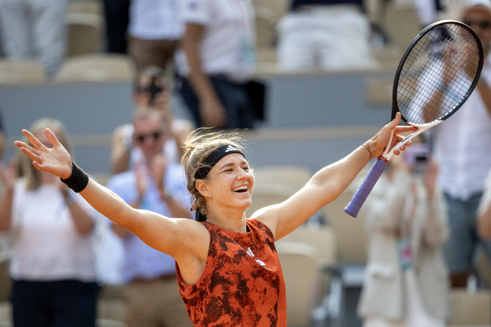 Karolina Muchova celebrates her victory over Aryna Sabalenka in the semifinals of the French Open. (Photo by Tim Clayton/Corbis via Getty Images)