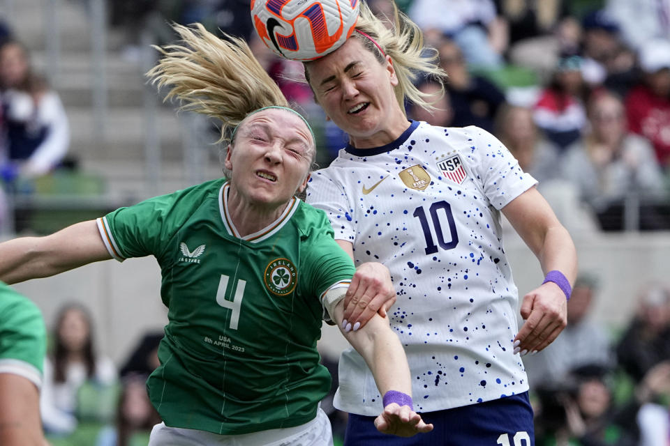 United States midfielder Lindsey Horan (10) tries to score past Ireland defender Louise Quinn (4) during the first half of an international friendly soccer match in Austin, Texas, Saturday, April 8, 2023. (AP Photo/Eric Gay)