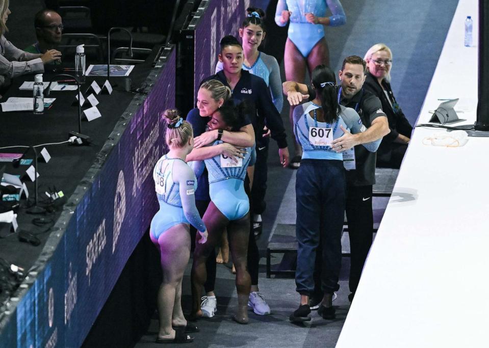 PHOTO: Simone Biles celebrates after performing her vault during the women's qualifications on the second day of the Artistic Gymnastics World Championships, in Antwerp, Oct. 1, 2023. (Shutterstock)