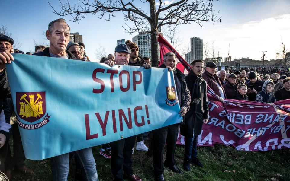 West Ham fans protest before the game against Everton - Jeff Gilbert