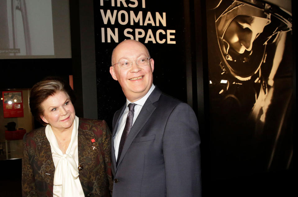 Valentina Tereshkova and Science Museum director Ian Blatchford at the March 15, 2017 opening of the exhibit "Valentina Tereshkova: First Woman in Space" at Science Museum, London. <cite>Science Museum</cite>