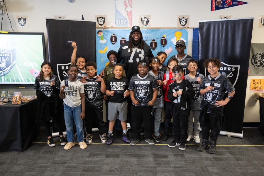 The Las Vegas Raiders visit students for Nevada Reading Week in effort to spread the love of reading at Robert E. Lake Elementary School, Tuesday, March 5, 2024, in Las Vegas, Nev. (Credit: Raiders)