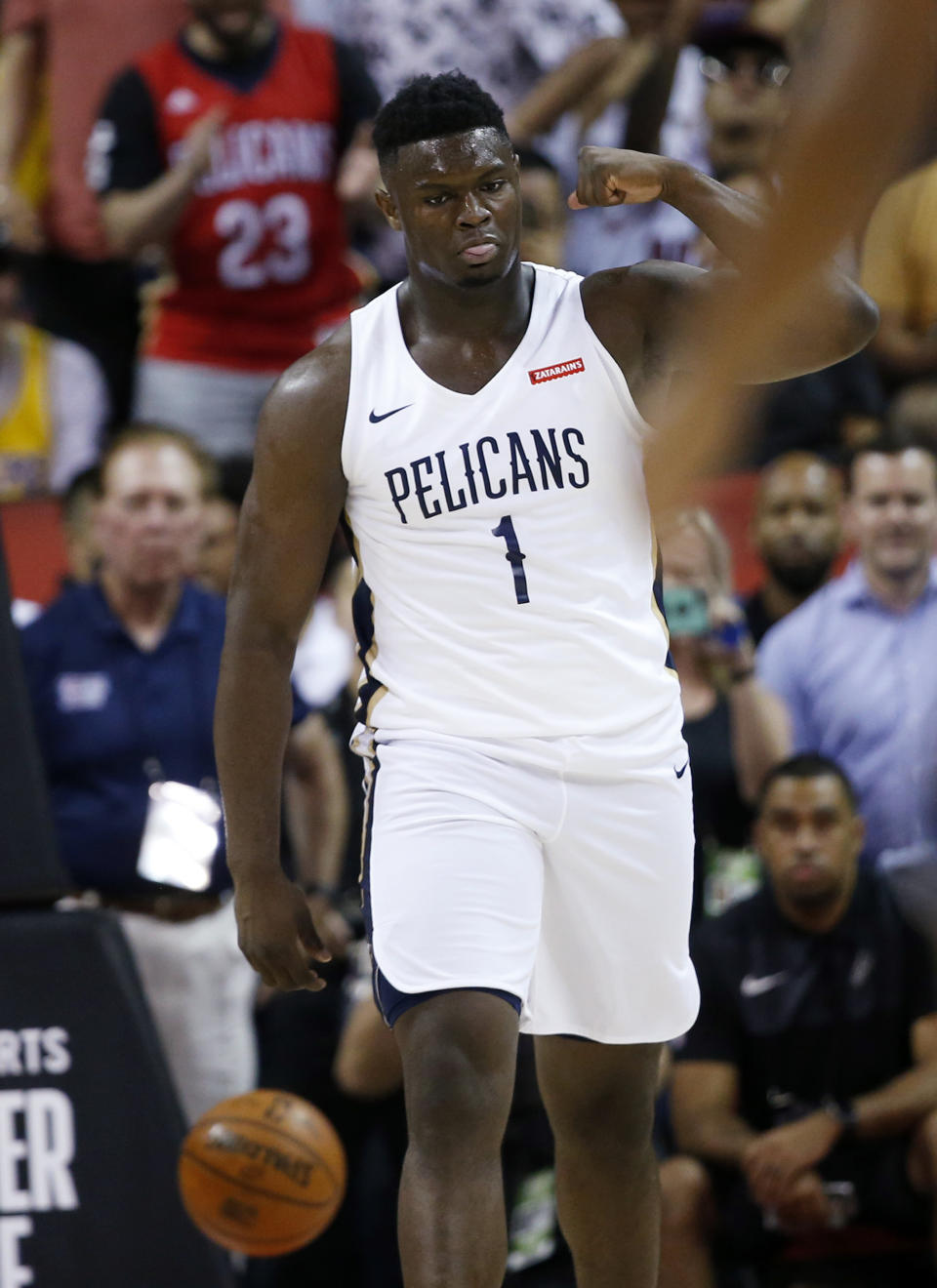 New Orleans Pelicans' Zion Williamson (1) reacts during the team's NBA summer league basketball game against the New York Knicks on Friday, July 5, 2019, in Las Vegas. (AP Photo/Steve Marcus)