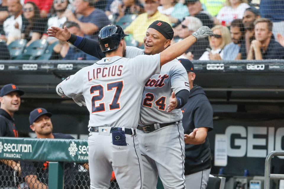 Detroit Tigers second baseman Andre Lipcius (27) celebrates with designated hitter Miguel Cabrera (24) after hitting a two-run home run against the Chicago White Sox during the first inning at Guaranteed Rate Field in Chicago on Saturday, Sept. 2, 2023.