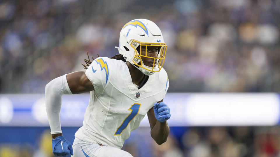 Los Angeles Chargers wide receiver Quentin Johnston (1) runs during an NFL preseason football game against the Los Angeles Rams, Saturday, Aug. 12, 2023, in Inglewood, Calif. (AP Photo/Kyusung Gong)