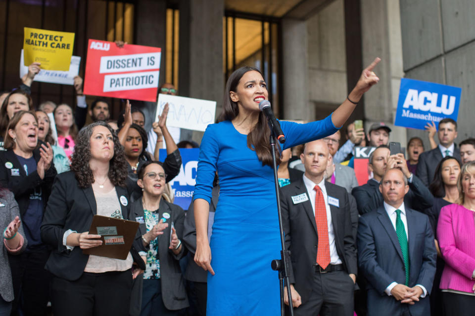 New York Democratic congressional candidate Alexandria Ocasio-Cortez speaks at a rally calling on Sen. Jeff Flake (R-AZ) to reject Judge Brett Kavanaugh's nomination to the Supreme Court on Oct. 1, 2018 in Boston.