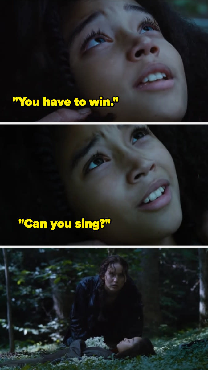 Rue asking Katniss to sing to her, then Katniss leaning over Rue's body with flowers around it