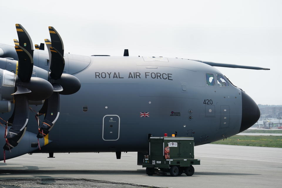 A Royal Air Force plane arrives at St John's International Airport in Newfoundland, Canada, after it received a request for assistance in the hunt for the missing Titan submersible. (PA)