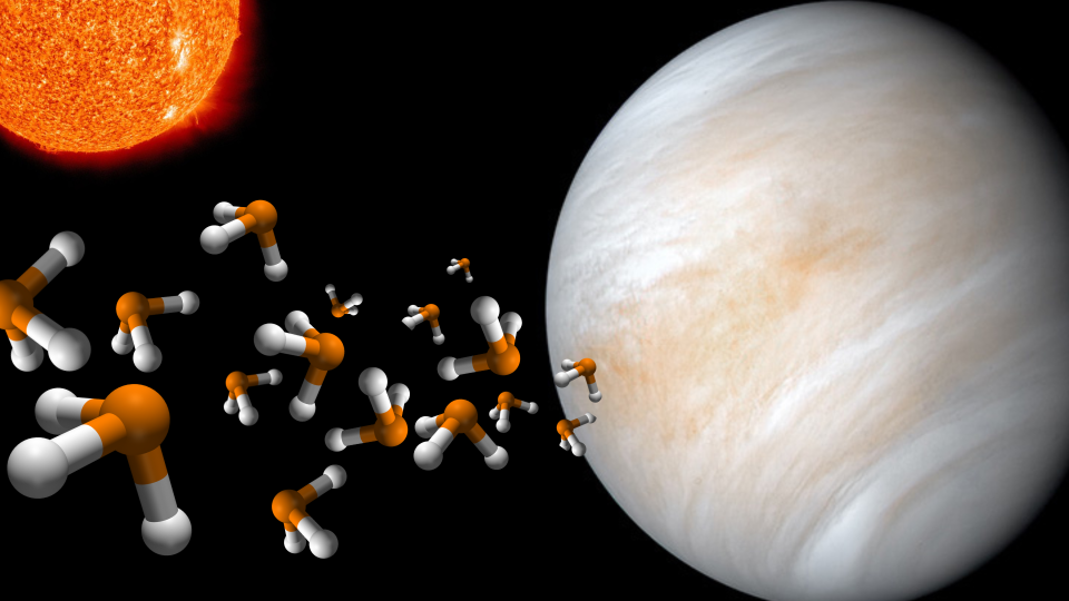     Orange sphere next to a light brown sphere and a trail of gray and red tripod shapes. 