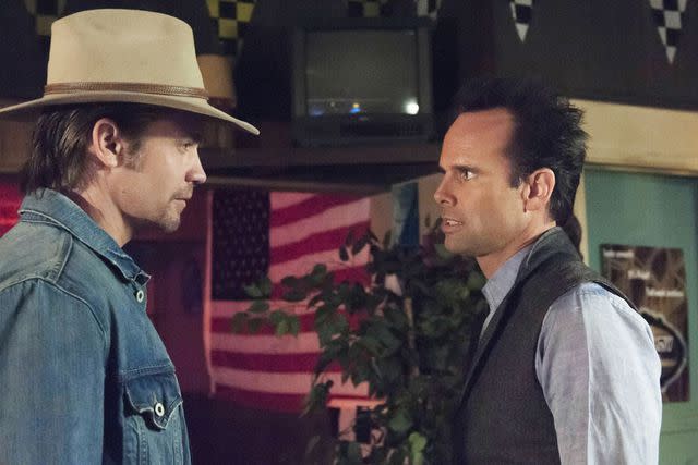 <p>Prashant Gupta/FX/Courtesy Everett Collection</p> Timothy Olyphant and Walton Goggins in Justified in 2013