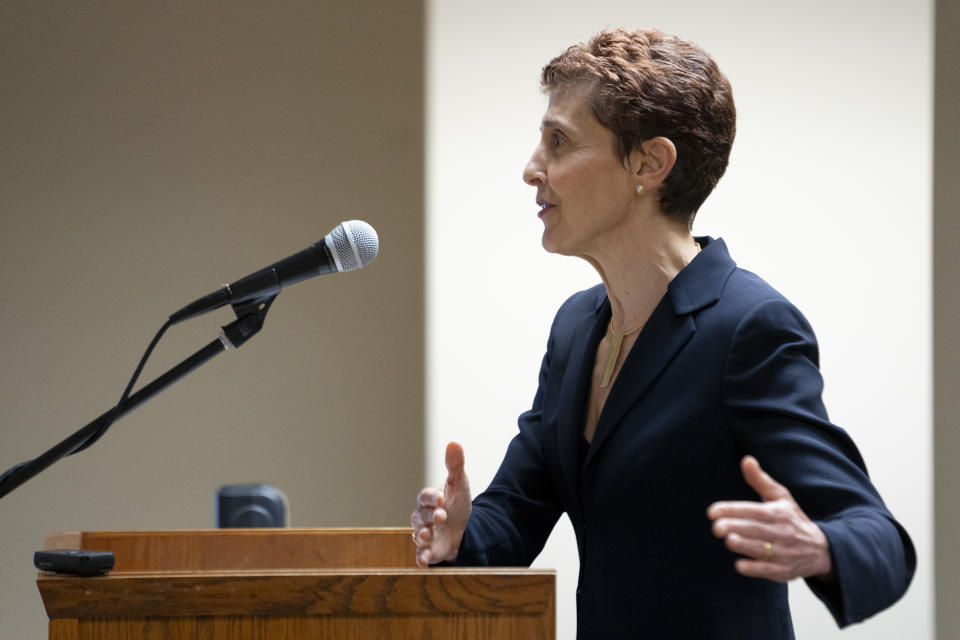 Attorney Linda Goldstein presents arguments for the plaintiffs in the Nicole Blackmon vs. the State of Tennessee case before a panel of judges, Thursday, April 4, 2024, in Nashville, Tenn. The case challenges the medical necessity exception to Tennessee's total abortion ban. (AP Photo/George Walker IV)